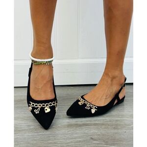 TOP Moda Charmed Life Slingback Flats 7.5 NIB Pointed Toe Black Gold Chain Charm